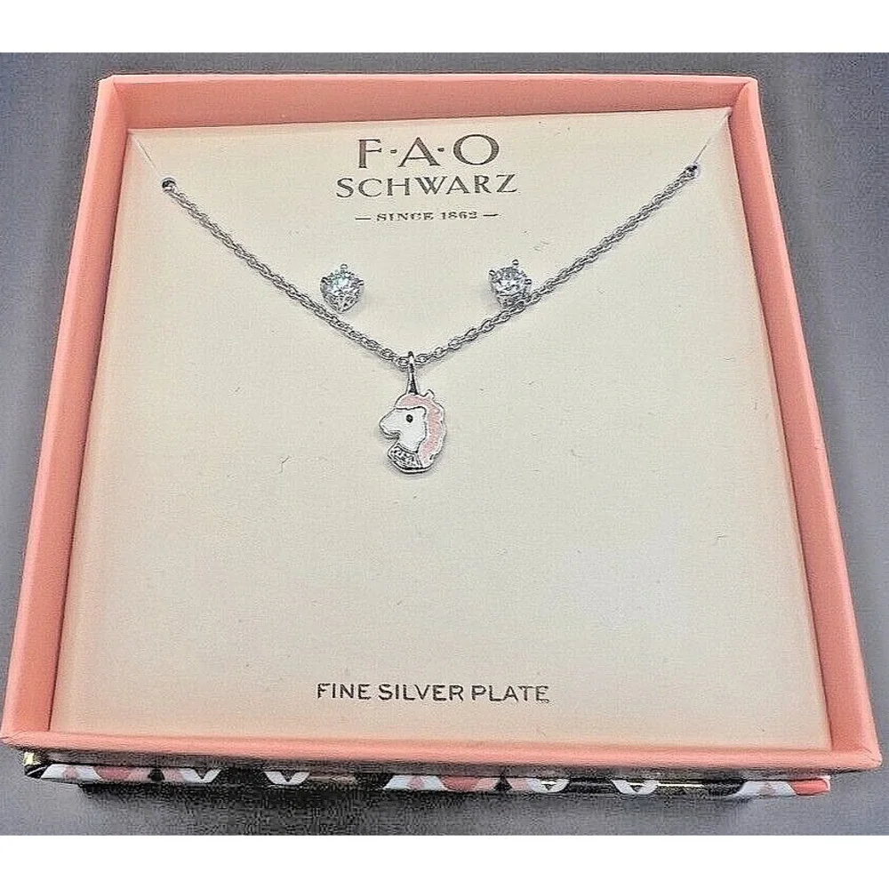 FAO Schwarz Childrens Unicorn Necklace & Earrings Set Fine Silver Plate Gift Box